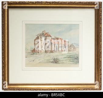 Adolf Hitler, ein Aquarell einer Kirchenruine in Flandern-Stift und Aquarelle auf Papier, signiert und mit 'A. Hitler 1917' rechts unten. Unter Glas, montiert und gerahmt. Größe des Bildes 17 x 21 cm, gerahmt 33,5 x 37,5 cm. Inhaltlich gehört dieses Aquarell von vorne zu den Werken Hitlers. Es wurde während des Ersten Weltkriegs gemalt und im April 1936 in einem Sonderband von Heinrich Hoffmann herausgegeben. Die Akte enthielt eine ähnliche Bleistiftzeichnung, die das Datum 27. Juni 1917 trug und die Kirche von Ardoye etwa 30 km südlich von Brüggen darstellte, Stockfoto