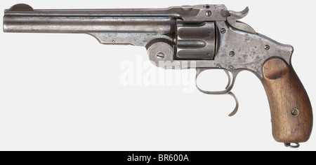 A Smith & Wesson 3. Modell Russisch (Neues Modell Russisch), russischer Vertrag Ludwig Loewe, Berlin, cal..44 Russ., nein 4877. Übereinstimmende Zahlen. Stellenweise leicht rauh gebhren, sehr gut reiben, Zylinderlänge 6 1/2'. Auf Fassrippe in Deutsch "Ludw. Loewe & Co. Waffen- & Munitions-Fabrik, Berlin." Waffe in einer braunen Patina mit Resten des Finish, teilweise gesichtet. Erhärtete Hammer- und Trigger-Farbhülle. Glatte Nussgriffplatten. Trageschlaufe. Historische, historische, historische, 19. Jahrhundert, Feuerwaffe, Feuerwaffe, Pistole, Feuerwaffen, Schusswaffen, Schusswaffen, Waffen, Pistolen, Handfeuerwaffen, Stockfoto