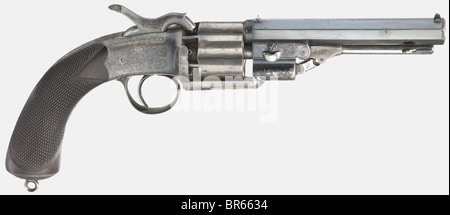 Ein verhüllter Schlagerrevolver, J. lang, London, ca. 1855/60. In .450(?) Zoll Kaliber. Seriennr 2810. Gutes achteckiges Fass mit fünf Rillen, 5,75 Zoll lang. 6-Schuss. Londoner Beweise. Hammer nach rechts versetzt. Die Oberseite des Fasses ist mit "J. LANG. 22 COCKSPUR ST. London", die Ladestange mit der Aufschrift "V R Pstent". Gefärbter, originaler blau-schwarzer Hochglanzblut auf dem Fass. Alle anderen Teile sind in Gehäusefarben gehärtet. Rahmen, Hammer, Auslöseschutz und Pommelkappe zeigen ebenfalls eine Weingravur. Gescheckte Walnussgriffe. Kleine Dellen auf der linken Seite von Stockfoto