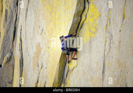 Eine männliche Kletterer Kreidung seine Hände beim Klettern einer Felswand. Stockfoto