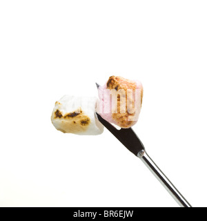 Weiche kleine geröstete Marshmallows auf silbernen Spieß. Stockfoto