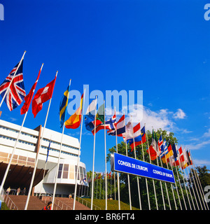 Fahnen der europäischen Länder vor dem Europarat Gebäude, Palais de l'Europe, Straßburg, Elsass, Frankreich, Europa Stockfoto