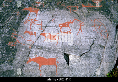 Jagdszene aus UNESCO-Schutzgebiet Urgestein Kunst, Alta, Norwegen Stockfoto