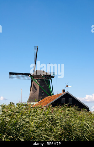 Gut erhaltene historische Windmühlen und Häuser auf der Zaanse Schans in Holland Stockfoto