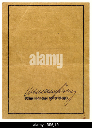 Hermann Göring "Zertifikat Nr. 4 für das Ehrenzeichen Vom 9. November 1923 (Blut Ordensabzeichen) hellbraun, gedruckt Pappe w Stockfoto