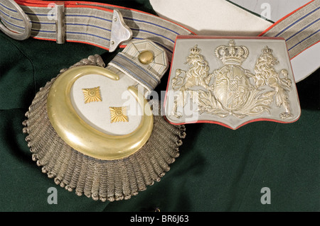 Prinz Alfons von Bayern - eine Uniform als Cavalry General und Proprietor des 7. Chevauleger-Regiments., Tunika aus stahlgrüner Wolle. Weiße Facings mit goldenen Knöpfen, knöpfbarer Paradeplastron. Schneider-Label im Futter "Christian Schwarz & Sohn, München". In der Innentasche befindet sich ein Besitzeraufkleber aus dem Jahr 1913. Epauletten für einen Kavalleristen General mit den weißen Feldern, die nur von Prinz Alfons getragen wurden. Es ist mit einem weißen steifen Hemd und einem schwarzen Nackentuch ausgestattet. Bandolier und Kartusche des Modells von 1886 mit einem versilberten Deckel, der das Wappen trägt. Leichter Mottentrac, Stockfoto