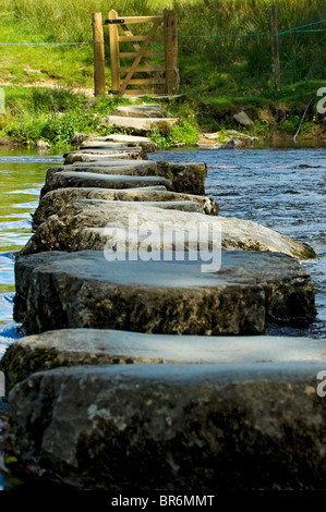 Nahaufnahme der Steine über den Fluss Rothay im Sommer in der Nähe des Ambleside Cumbria Lake District National Park England Vereinigtes Königreich Großbritannien Großbritannien Großbritannien Stockfoto