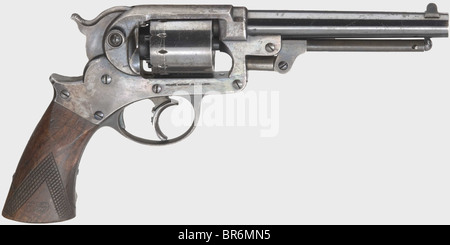 Ein Starr Arms D.A. 1858 Armee-Revolver, .44 cal., Nr. 18152. Heller 6-Zoll-Zylinder mit 6 Aufnahmen. Links und rechts auf Rahmen mit den Markierungen 'Starr.Arms.Co.New.York.' und 'Starrs Patent Jan. 15.1856.'. Alle Teile tragen den Abnahmestempel "B", auf Walnussgriffplatten mehrfach mit den Prägestempeln "LAB", "CSL" sowie einem weiteren unleserlichen Stempel innerhalb einer Kartusche. Schöner Bläuling, stellenweise etwas abgenutzt. Verriegelung und Zylindermechanismus defekt. Länge 29 cm. Historische, historische, historische, 19. Jahrhundert, USA, Vereinigte Staaten von Amerika, amerikanische, amerikanische, Objekte, Objekte, Stills, Clipping, Clipping, Stockfoto