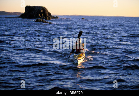 Eine männliche Kajakfahrer Seekajak in einer Bucht am Meer bei Sonnenuntergang. Stockfoto