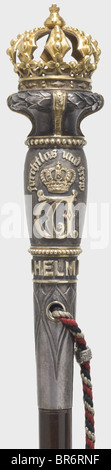 König Wilhelm II. Von Württemberg (1848 - 1921), Interimskaton als Feldmarschall von Württembergischer Nuss mit dunkler Spitze und Armaturen in Silber und Gold. Knauf mit offener Krone aus Württemberg, vergoldet und über einem Lorbeerkranz und einem Wulst- und Walzenfries. Mittelteil mit gotischer Chiffre "W" für König Wilhelm II. Von Württemberg unter Königskrone und Motto "furchtlos und treu", auf der Rückseite mit Emblem der Geschichte, des 19. Jahrhunderts, Württemberg, Württemberg, Süddeutschland, Süddeutschland, Ausspruch, Stockfoto