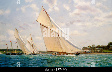 Britannia von Cowes, 1893. Satanita und Iverna achtern mit Royal Yacht Victoria and Albert II vor Anker.  Öl auf Leinwand, 2 Stockfoto