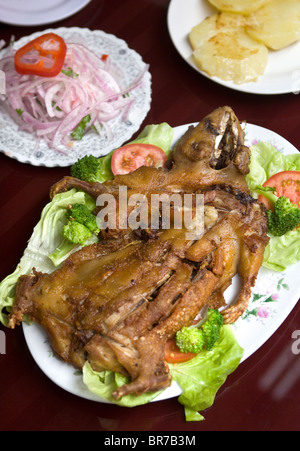 Braten Cuy oder Meerschweinchen, serviert in einem Restaurant in Lima Peru - ein Beispiel für die seltsamen oder seltsamen Speisen, die von Menschen auf der ganzen Welt gegessen werden Stockfoto