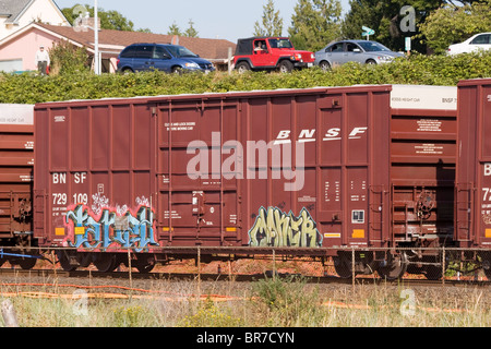 Burlington Northern Santa Fe BNSF Boxcar auf Güterzug in Edmonds, Washington State, USA Stockfoto