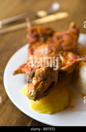 Braten Cuy oder Meerschweinchen, serviert in einem Restaurant in Lima Peru - ein Beispiel für die seltsamen oder seltsamen Speisen, die von Menschen auf der ganzen Welt gegessen werden Stockfoto