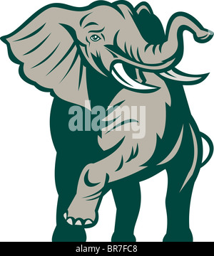 Afrikanischer Elefant aufladen angreifen, isoliert auf weiss getan im Retro-Stil-Abbildung Stockfoto