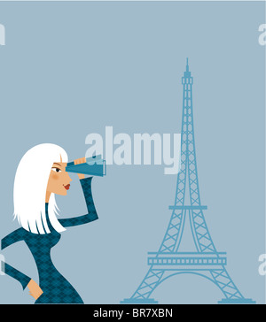 Eine Frau, Blick auf den Eiffelturm mit einem Fernglas Stockfoto