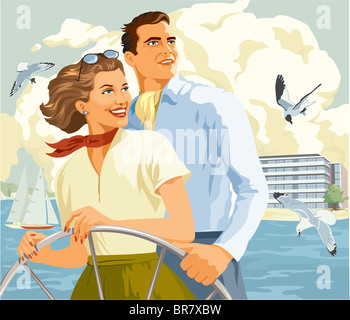 Ein Bild von einem glücklichen paar auf einem Segelboot Stockfoto
