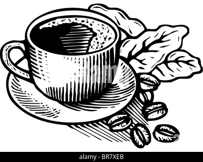 Schwarz / weiß Cartoon Illustration für eine Tasse Kaffee und Kaffeebohnen Stockfoto