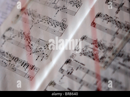 Noten, die durch die Saiten einer Harfe gesehen Stockfoto