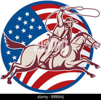 Abbildung eines Cowboy auf Pferd mit Lasso und amerikanische Flagge Stockfoto