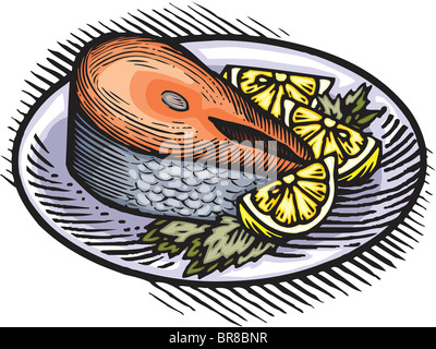 Ein Teller mit Lachs Steak zum Abendessen serviert Stockfoto