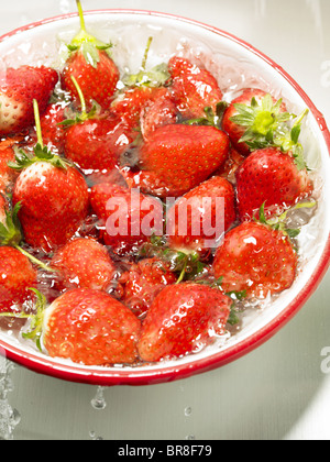 Erdbeeren in der Schüssel gewaschen wird, Nahaufnahme, weißer Hintergrund Stockfoto
