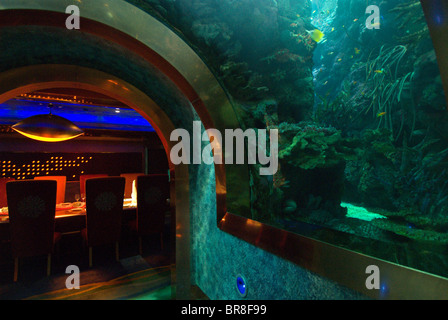 Ein Aquarium umrahmt einen Bogen in einem Restaurant im luxuriösen Burj al Arab Hotel Dubai Stockfoto