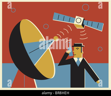 Ein Mann Communicatng über Satelliten-Kommunikation Stockfoto