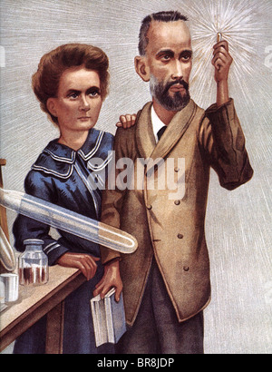 MARIE CURIE, französischer Physiker und Ehemann Pierre in einem 1904 Abbildung die nicht falsch zeigt, dass Röntgenstrahlen als eher wie Funken Stockfoto