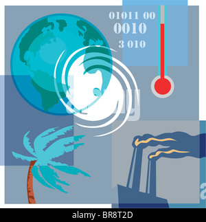 Montage über globale Erwärmung & Klima ändern mit einem Thermometer der Welt ein Baum im Hurrikan Winde und Verschmutzung Stockfoto