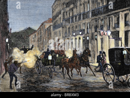 Angriff auf Isabella II. (1830-1904) und König Franz von Spanien (1822-1902). Madrid. Spain.Colored Gravur von 1872. Stockfoto