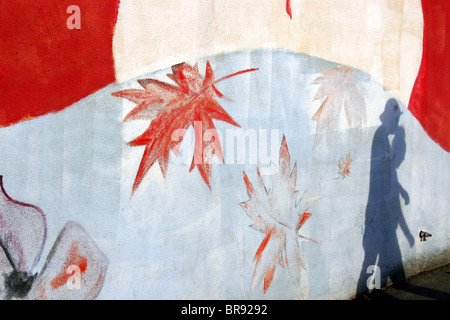 Schatten an der Wand des Gebäudes der Royal Canadian Legion mit fallenden lackierten Ahornblätter, Vancouver, Britisch-Kolumbien, Kanada Stockfoto