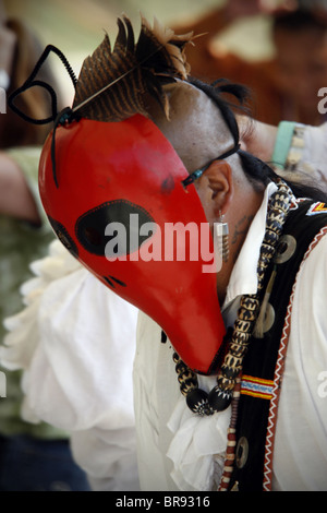 Cherokee Mann trägt eine Ameise-Maske während des jährlichen Festivals der Südost-Stämme. Die Maske wird von der Anführer einer Gruppe von Tanz getragen. Stockfoto