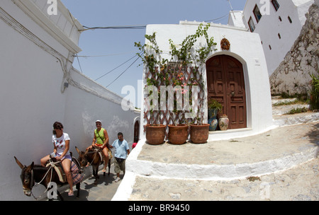 Touristen, die Reiten Esel In Lindos Rhodos griechische Inseln Griechenland Hellas Stockfoto