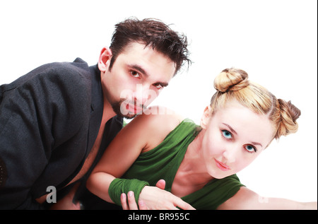 Stilvolle junger Mann und Frau isoliert auf weißem Hintergrund Stockfoto