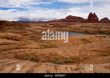Dramatische wirbelnden orange Felsformationen und roten Buttes an der Spitze des Lake Powell im südlichen Utah, USA Stockfoto