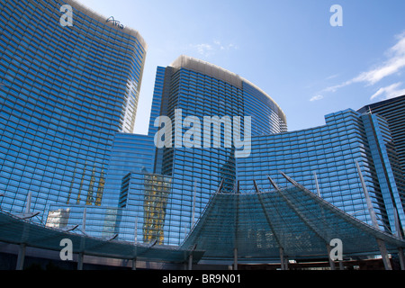 Moderne gebogenen Glas und Stahl Eingang in das Aria Hotel and Casino in Las Vegas, Nevada, USA Stockfoto