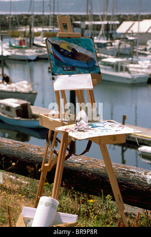 Malerei des Künstlers auf Staffelei, Port Townsend, Washington State, WA, USA Stockfoto