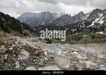 Alpinen Hochwald und Els Encantats Bergspitze auf Pyrenäen Traverse verfolgen Sant Maurici Nationalpark Pyrenäen Spanien Stockfoto