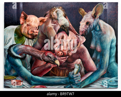 Surreale Malerei einer Ansammlung von menschenähnlichen Tieren. Interpretation des Anthropomorphismus. Stockfoto