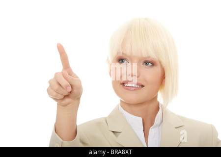 Junge schöne Geschäftsfrau macht auf abstrakte Bildschirm wählen Stockfoto