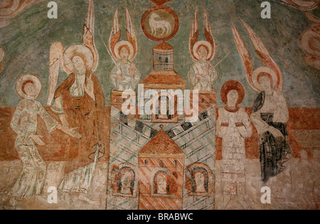 Ein 12. Jahrhundert Romanesque Fresko himmlische Jerusalem in St. Koch Klosterkirche Saint-Chef-de-Dauphine, Isere, Frankreich Stockfoto