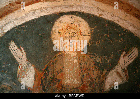 Ein 12. Jahrhundert Romanesque Fresko Jesu Christi in St. Koch Klosterkirche Saint-Chef-de-Dauphine, Isere, Frankreich Stockfoto