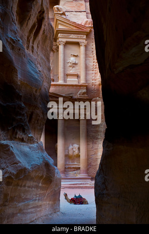 Blick auf El Kazneh (Treasury) von Siq, Petra, UNESCO World Heritage Site, Jordanien, Naher Osten Stockfoto