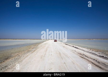 Fahrzeug auf dem richtigen Weg in Etosha Pan, Etosha Nationalpark, Namibia, Afrika Stockfoto