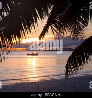 Kleines Boot vertäut am Strand am Anse Volbert bei Sonnenaufgang, Baie Sainte Anne Bezirk, Insel Praslin, Seychellen Stockfoto