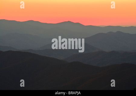 Sonnenuntergang über den Great Smoky Mountains National Park, UNESCO World Heritage Site, Tennessee, Vereinigte Staaten von Amerika Stockfoto