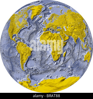 Weltkarte, die ganze Welt auf der einen Seite einer Kugel. Stockfoto