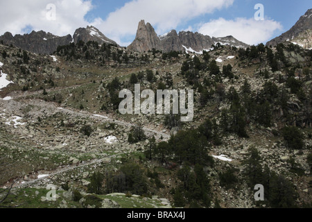 Hohen alpinen Wald- und Bergregionen Cirque auf der Strecke D'Amitges in Sant Maurici Nationalpark Pyrenäen Spanien Pyrenäen Traverse Stockfoto