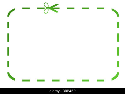 Leere grüne Eco Gutschein mit einer Schere, isoliert auf weißem Hintergrund. Stockfoto